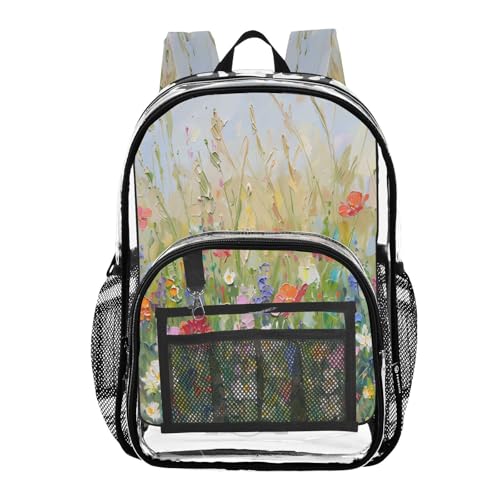 Wildflower Watercolor Oil Painting Clear Backpack Heavy Duty See Through Transparent PVC BookBag for Kids Boy Girl School Work