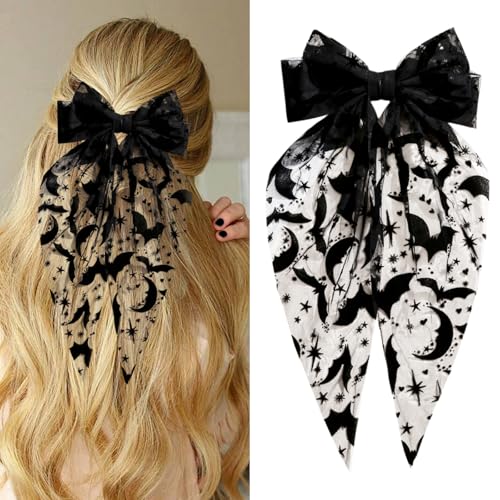 Large Black Bat Hair Bows Clips for Women Gothic Halloween Hair Accessories with Moon and Star Mesh Bats Big Bow with Long Tails Spooky Lace Clip Halloween Party Supplies Goth Punk Styling 1Pcs