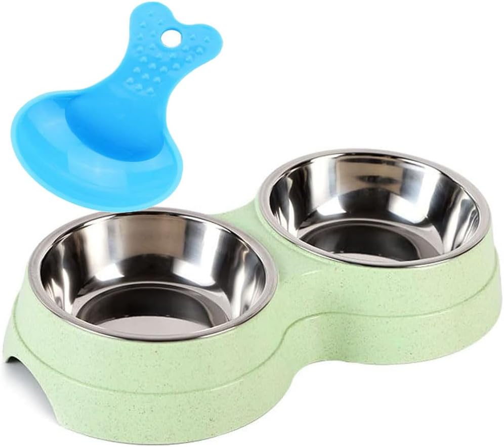 Ciotola doppia per cani Fuwok, antiscivolo, rimovibile, doppia ciotola in acciaio inossidabile 2 in 1 con antigoccia per cani di piccola taglia, gatti e animali domestici ecc. (S,Verde)