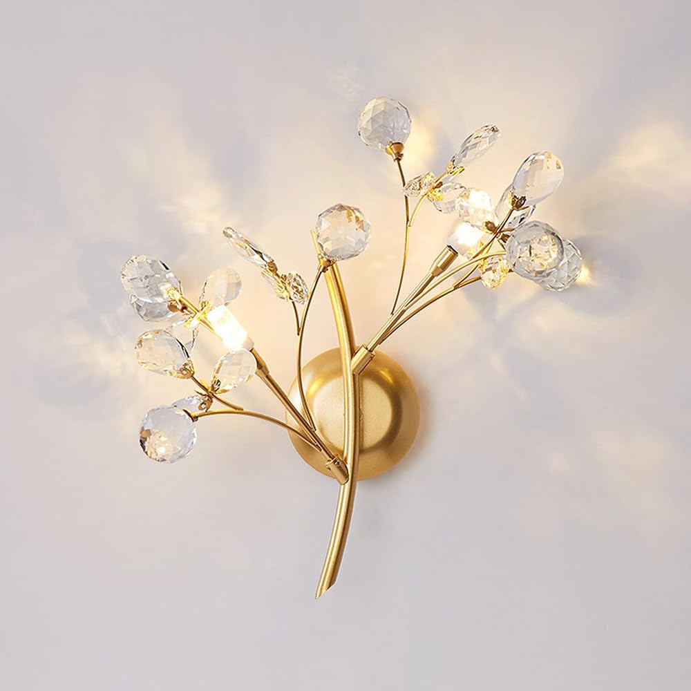Cosrub One Color Nordic Crystal Wall Sconce, Gold Tree Branch Wall Mounted Light French Dimmable Indoor Decor Wall Lamps For Living Room Entryway Bedside Hallway(3 Light)
