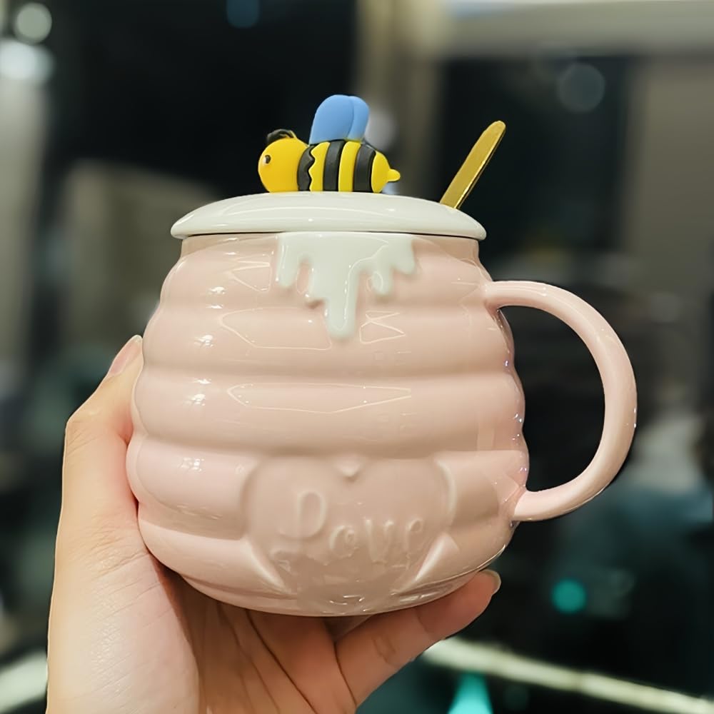 Kubek do kawy pszczół, 400 ml, z pokrywką i łyżeczką, słodki kubek ceramiczny z motywem pszczół, do kawy, kakao, herbaty dla kobiet i dziewcząt (zestaw 4 szt., różowy)