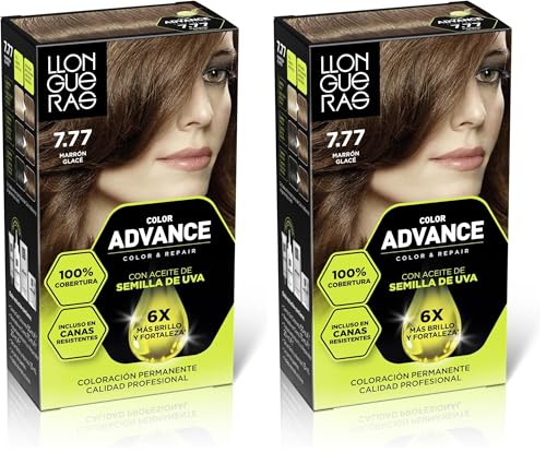 Llongueras Color Advance Tinte Pelo Mujer Coloración Permanente 100% Cobertura Incluso En Canas Resistentes - Tono 7.77 Marrón Glacé (Paquete de 2)