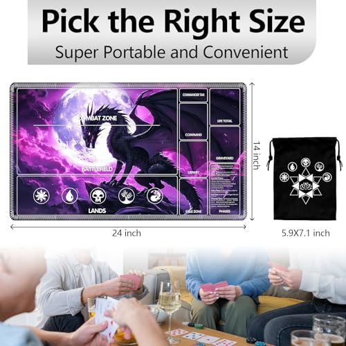 Image of for MTG Playmat with Card Storage Bag,Non-Slip Rubber Base & Smooth Surface 24x14in,Beginner-Friendly Magic Mat for Commander Deck,Dragon Purple-1