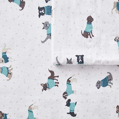 Image of Intelligent Design Cozy Soft 100% Cotton Flannel Print Animals Stars Cute Warm, Ultra Soft Cold Weather Sheet Set Bedding, Twin XL, Teal Dogs 3 Piece
