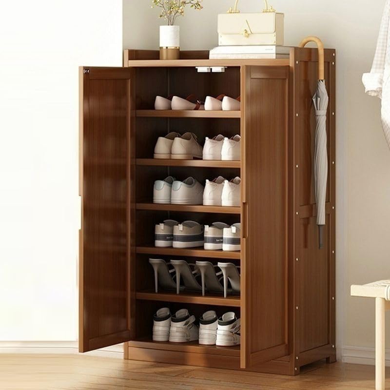 CraftThink Wood Shoe Storage Cabinet with 7 Tiers, Shoe Storage Rack Closed Back, Free Standing Shoes Rack for Living Room Entryway (Wood Door,