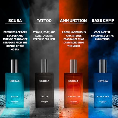 Image of Ustraa 4Play Mini Cologne Gift Set for Men | 4x20ml Perfumes - Tattoo, Basecamp, Scuba & Ammunition | Premium, Long-Lasting Fragrance Collection | Gift Pack for Him