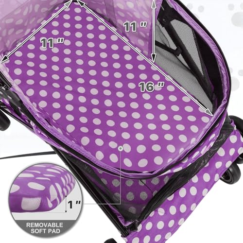 Image of MoNiBloom 4 Wheels Pet Stroller, Easy-Fold Umbrella Shaped Dog Cat Jogger Stroller w /Storage Bag & Visible Mesh for Small /Medium Dogs Cats Purple Polka Dots