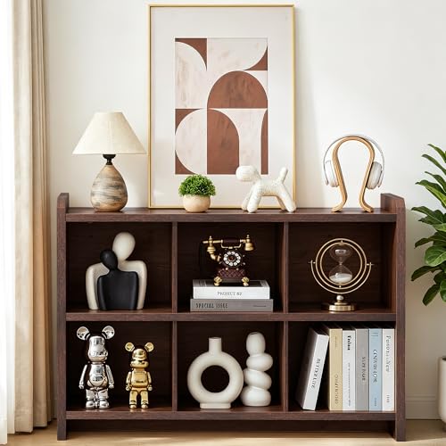 Image of 6 Cube Low Storage Organizer, 45 inch Long Horizontal Bookshelf, Dark Walnut