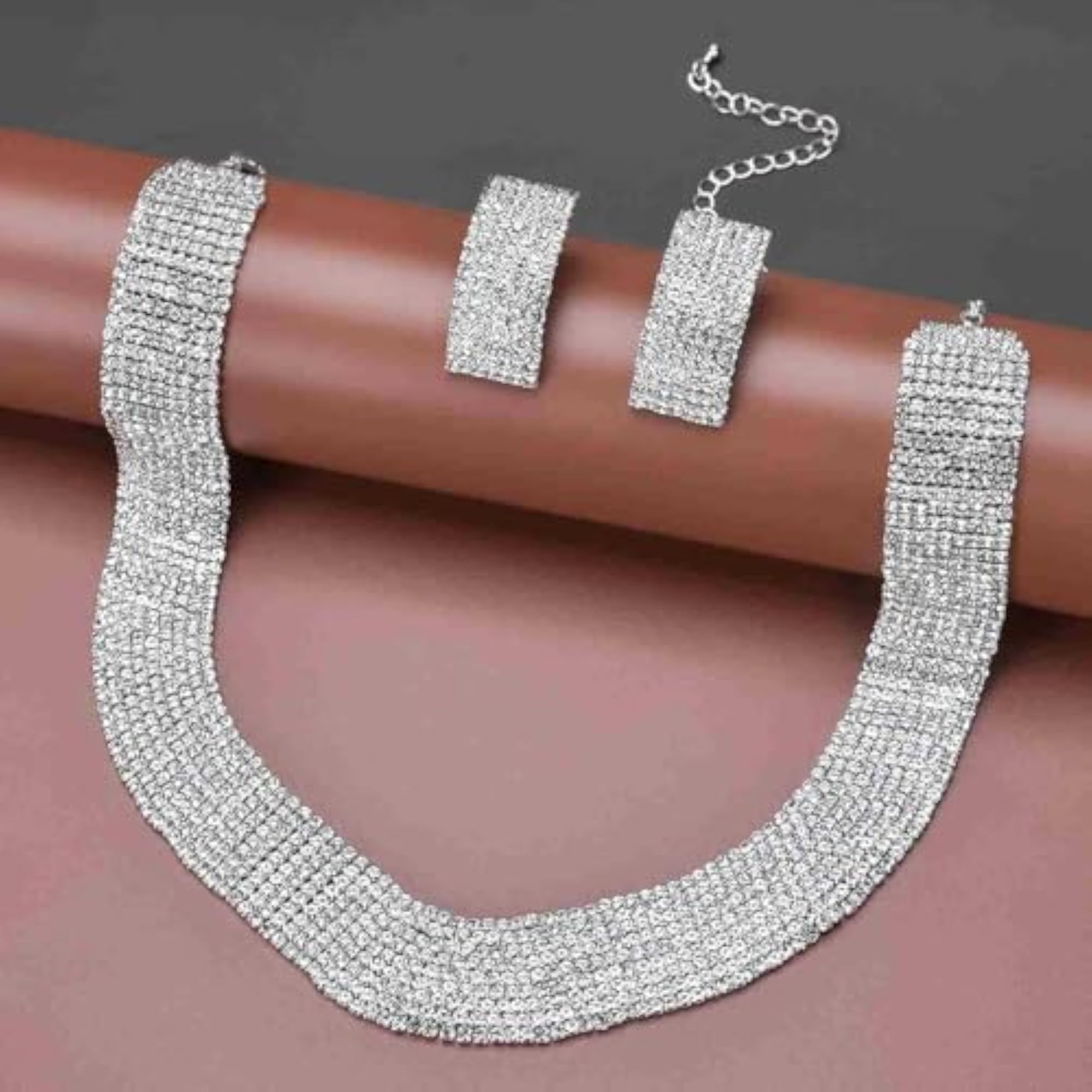 Women's Silver Plated Cubic Zirconia Studded Necklace Earrings Set