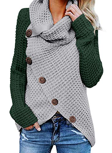 FIYOTE Pull Femme Chandail Automne Hiver Manteau Col Roulé Veste Boutonné Devant Tricot Couleur Contraste Manteau Chic Casual C-Vert S(EU36-38) Cover