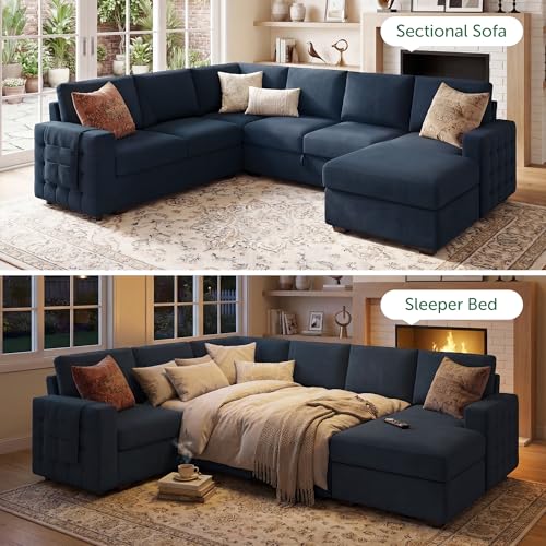 Image of HONBAY Sectional Sleeper Sofa with Pull Out Bed U-Shape Sectional Couch Sleeper Bed with Storage Chaise Lounge Living Room 6 Seater Sectional Sofa,Velvet Dark Blue