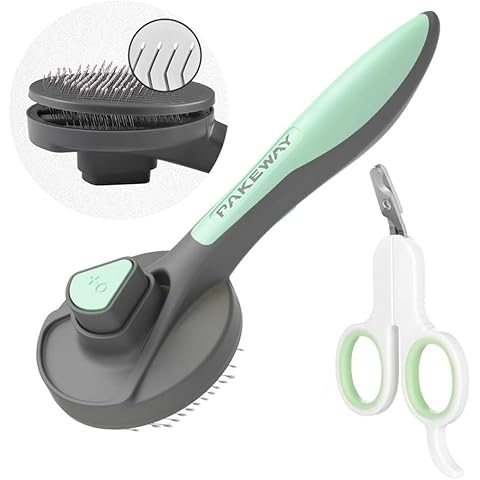 PAKEWAY Cat Brush with Pet Nail Clippers, Dog Brush for Shedding and Grooming, Self Cleaning Cat Brush with Release Button, Pet Brush for Short, Medium & Long Hair Cover