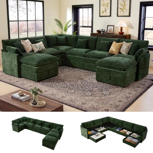Image of Ihanherry Oversized Modular Sectional Sofa with Storag, 8-Seater V Shaped Cloud Couch with Movable Ottomans, Chenille Deep Seat Corner Couches for Living Room (Green)