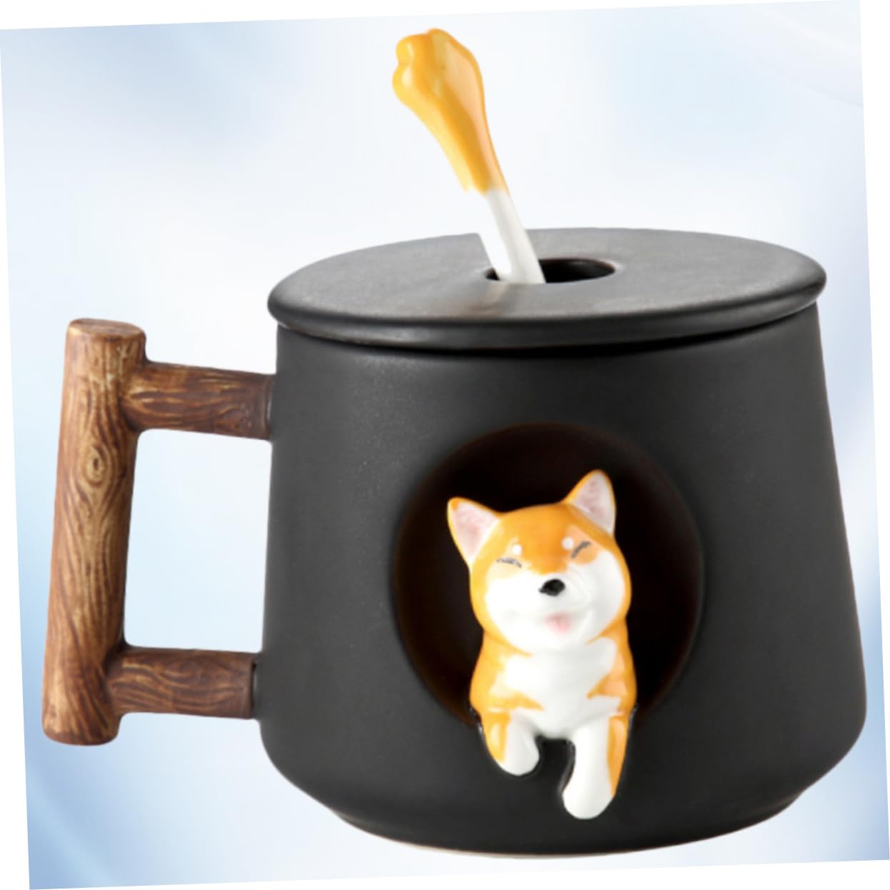 Keramik Dog Mug mit Deckel und Löffel Kreative Lustige Tasse Schwarze Shiba Inu Tasse für Kaffee Tee Saft Sicher und Leicht zu Reinigen für Zuhause und Büro