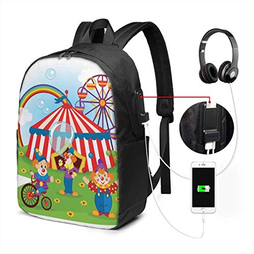 DPASIi Backpack,Fun Circus Scene with Clowns On Grass Rainbow Ferris Wheel Happy Bubbles Childhood Theme