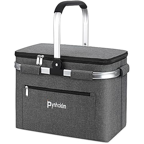 Pynhoklm Picnic Cooler Bag Insulated Picnic Basket Cooler Bag 30L Picnic Basket Folding Insulated Picnic Cooler for 6 Collapsible Picnic Basket Cooler Insulated Strong Aluminum Frame Market Basket Cover