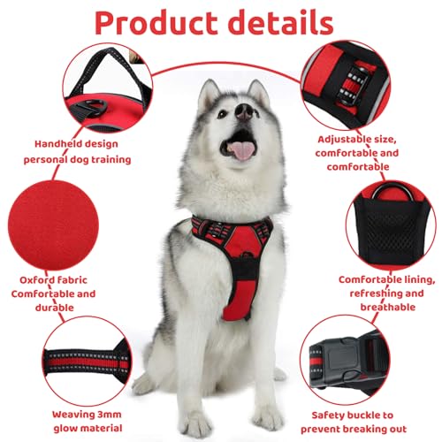 HTTDSLF Hundegeschirr Grosse Hunde, Anti Zug Hundegeschirr, Geschirr Hund Groß mit Reflexstreifen und Kontrolle, Verstellbar und Einstellbar, Brustgeschirr Hund für mittelgroße Hunde, Rot, XL