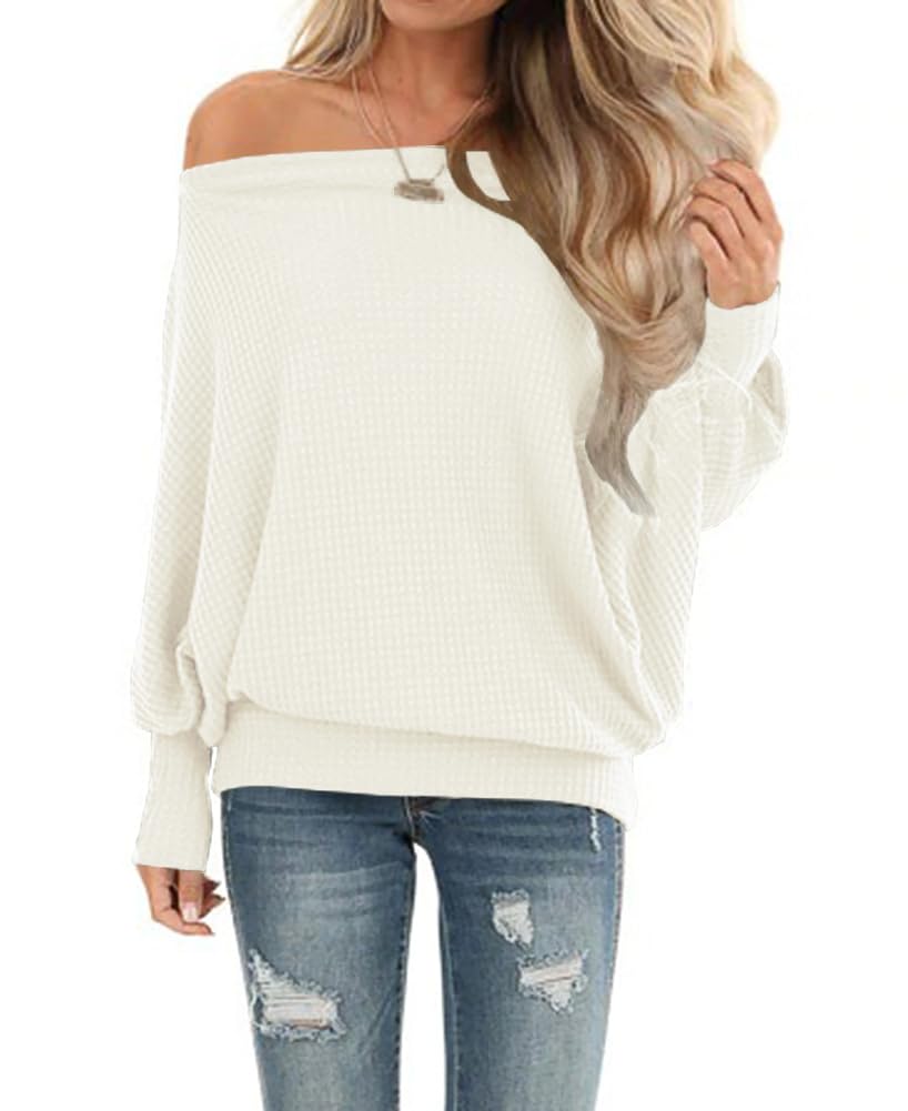 Lacozy Women's Off The Shoulder Tops Waffle Knit Oversized Sweatshirt Long Sleeve Tunic Shirts Pullover Sweaters