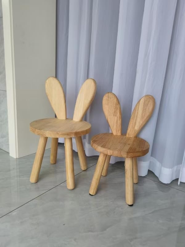 Yier Mei Solid Wood Stand Stool Customized Rabbit Ears Shaped Backrest Kids Small Chair,Round Wooden Childs Furniture for Eating Reading and Playing(L - Image 2
