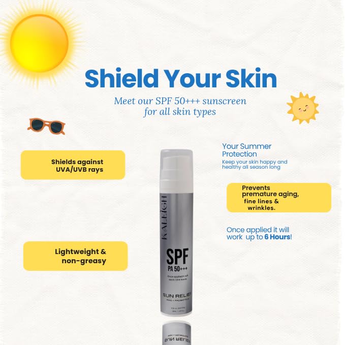 Image of KALEIGH Sunscreen SPF 50 PA+++ | Protection Against UVA & UVB | Water & Sweat Resistant, No White Cast, Non Greasy | Lightweight & Fast Absorbing for All Skin Types | Broad Spectrum Sun Relief Sunscreen for Men & Women| 50ml