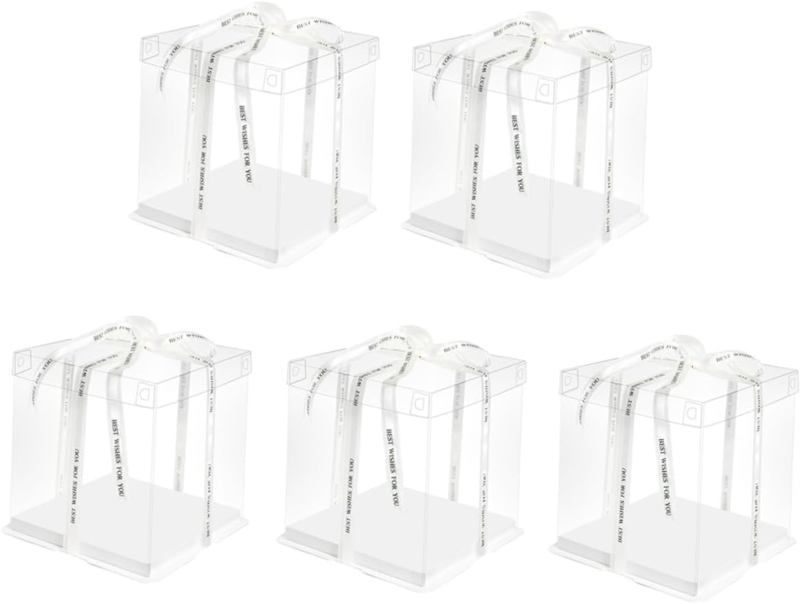 SUPVOX 5pcs 8-inch Square Cake Boxes Food Packaging Containers with Lid, Tall Single-layer Cake Storage Case for Birthday and Party Baking Packing