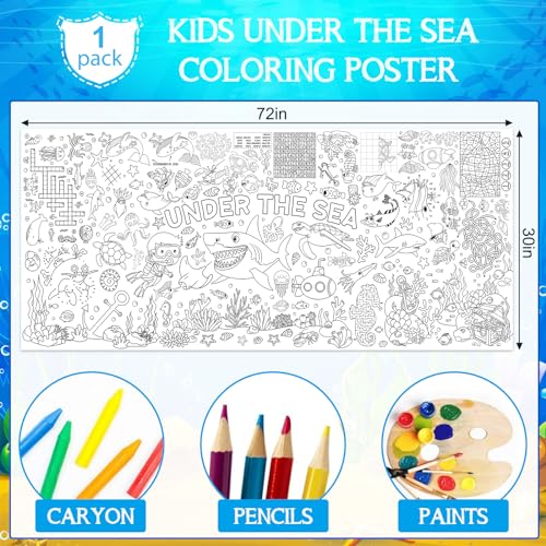 Image of Under The Sea Large Coloring Poster for Kids 30 x 72 Inch, Ocean Animals Giant Coloring Paper Tablecloth, Sea Themed Color-in Activities Games for Kids School Classroom Home Party Supplies Decorations