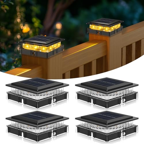 kolpop 4x4 Solar Post Cap Lights Outdoor 4Pack, Deck Post Light Solar Powered IP65 Waterproof for 4x4 3.5x3.5 Wooden/Vinyl Posts, Black Fence Deck Lights with Bright Warm White for Patio/Porch