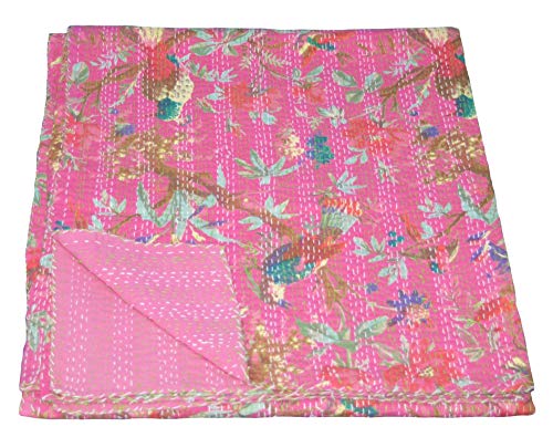 YUVANCRAFTS Indian Handmade Cotton Kantha Quilt Floral and Birds Screen Print Queen Quilt Pink Blanket Bedspreads Throw