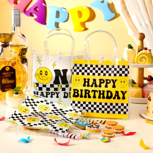 Image of Teenyyou 24 Pcs One Happy Dude Clear Gift Bags with Handles One Happy Dude Party Favor PVC Goodie Treat Candy Tote Plastic Gift Bags for 1st Birthday Party Decor