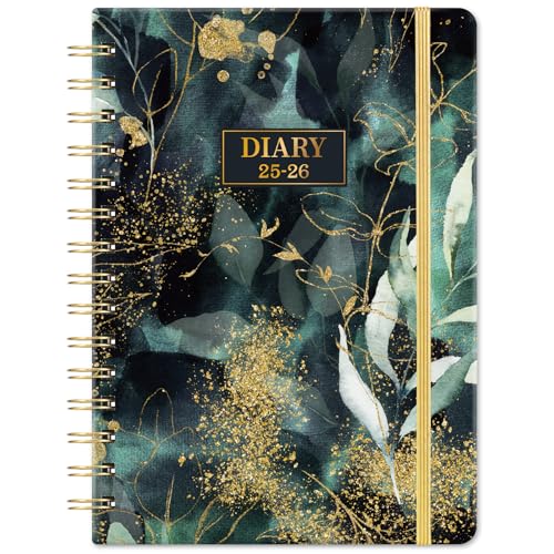 Academic Diary 2025-2026 - Diary 2025-2026 Week to View from August 2025 to July 2026, Twin-Wire Binding, Hard Cover, Elastic Closure, 21.5 x 15.5 x 1.5 cm, Golden Leaf