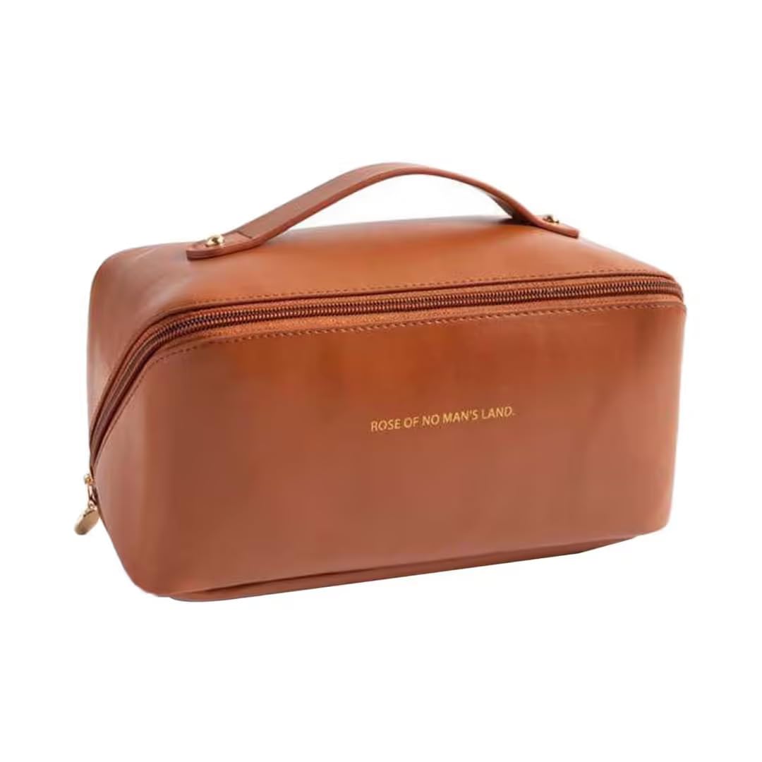Brown Leather Cosmetics Travel Bag | Wide-Opening Design, Water-Resistant, Organisational Pockets, Top Handle, Travel Toiletry Kit-image-34