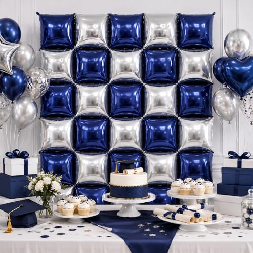 Image of Metallic Navy Blue and Silver Double Sided Square Foil Balloons Wall,19 Inches Chrome Foil Balloons Tunnel Arch Kit for Bachelorette, Anniversary, New Year,2026 Graduation,Birthday Party Decorations
