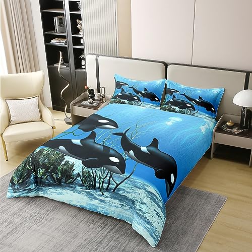 Pure Cotton Killer Whale Bedding Sets Orcinus Orcas Comforter Cover The Underwater World Jellyfish Duvet Cover Set for Kids Boys Girls Deep Sea Animals Marine Life Quilt Cover Child Room Decor Single - Image 3