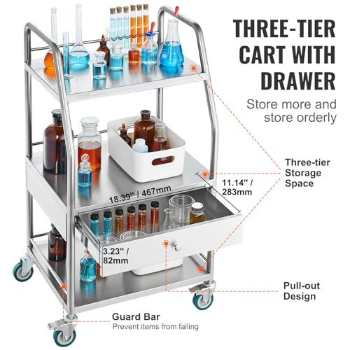 Vevor 2 SHELF STAINLESS STEEL UTILITY CART Utility Cart With 3 Shelves Shelf Stainless Steel With Wheels Rolling Cart Commercial Wheel Dental Lab Cart Utility Services thumb #5