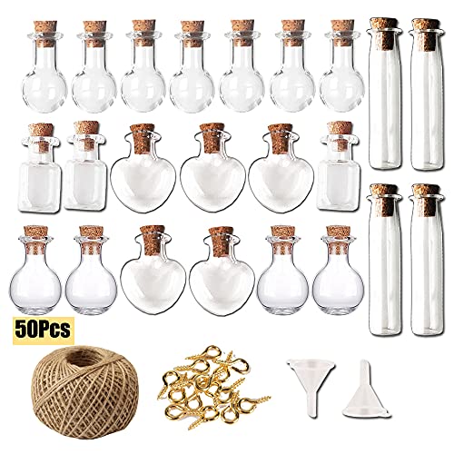 Mini Jars Wish Bottles Mini Glass Bottles with Cork Stoppers Tiny Wishing Bottles with Eye Screws Funnels and Rope Glass Bottles for DIY Crafts Bead Containers Home Decoration, 5 Shapes (50Pcs)