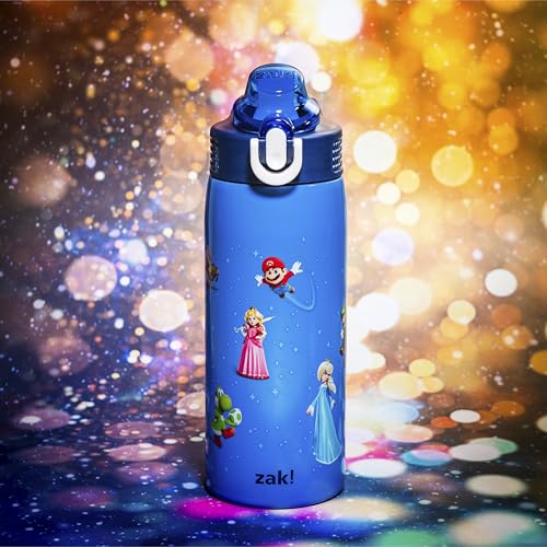 Image of Zak Designs Super Mario Movie Sage 19oz Leak-Proof Straw Kids Water Bottle | BPA Free, Insulated Stainless Steel, Cupholder Friendly, Dishwasher Safe, Lid Lock, Handle, For School, Home, Travel, Outdoor