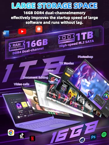 Image of 16 inch Ultra Slim Purple Laptop, FHD IPS Display, Quad-Core N95, 16GB RAM 1TB SSD, Unique Color Backlit KB, Face Recognition, Win 11 Pro for Creatives & Students