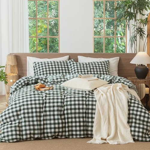 Image of MooMee Gingham Duvet Cover Set 100% Washed Cotton Linen Like Textured Breathable Durable Soft Comfy Modern Checkered Design (Buffalo Plaid Forest Green, Palatial King /Oversized King 120 inchx98 inch)
