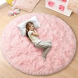 Junovo Round Fluffy Soft Area Rugs for Kids Girls Room Princess Castle Plush Shaggy Carpet Baby Room Decor, Diameter 4ft Pink