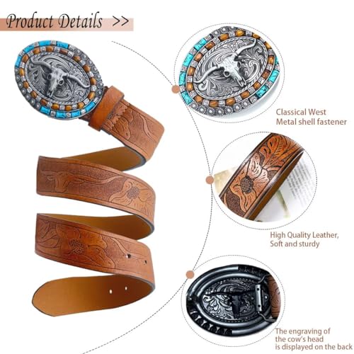 Western Belt for Women Men Cowboys Cowgirls Carving Leather Country Belts Bullhead Buckles2