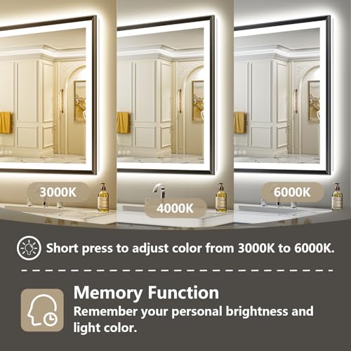 Image of 48x36 LED Bathroom Mirror with Lights, Black Lighted Mirror | Backlit and Front light, Anti-Fog, 3 Color Dimmable, Memory, Tempered Glass, IP54 Waterproof, UL Listed