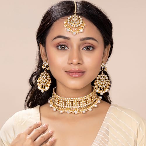 Aheli Elegant Indian Faux Kundan Studded Choker Necklace with Maang Tikka Set Ethnic Wedding Wear Fashion Jewelry Gift for Women2