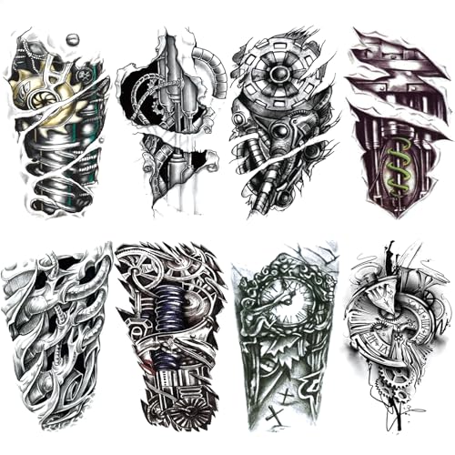 3D Cool Mechanical Temporary Tattoo for Men, Large Half Sleeve Black Realistic Steampunk Gear Wheel Fake Tattoo Adult Teen Boy, Big Robot Arm Clock Temp Tatoo Sticker Arm Body Art Makeup, 8-Sheet