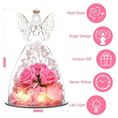 Mothers Day Flower Gifts for Her, Glass Angel Figurine with Three Roses Gifts, Preserved Forever Real Rose Gifts for… - Image 4