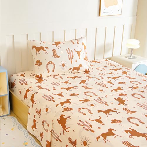 Image of Homilay Twin Sheet Set Kids - West Cowboy 3 Pieces Soft Microfiber Cartoon Style Bedsheets for Boys Girls Teens, Oeko TEX Breathable 15 Inch Deep Pocket Sheets(Yellowstone)