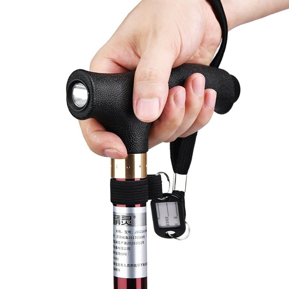 Bastón cuádruple para Hombres y Mujeres, bastón de Aluminio Ligero con 4 Patas, muletas telescópicas para Adultos Mayores, con luz LED/Correa para la muñeca, Rojo Vino