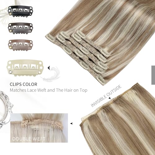 Moresoo Clip in Human Hair Extensions Light Brown with Platinum Blonde Clip in Hair Extensions Balayage Remy Human Hair 18 Inch 7 Pieces/120g #9A/60 - Image 4