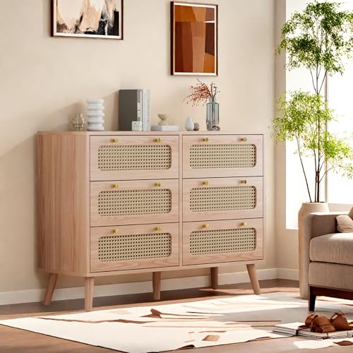 Ptueer Cómoda de ratán con 6 cajones, cómoda de Mimbre, cómoda de Madera Maciza, Muebles de Dormitorio, cajonera de ratáns, 100x 34x73 cm, Color Madera, para Comedor,salón y Cocina (ratán, 100 cm)