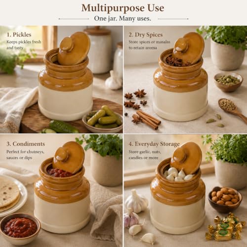 Image of Pure Source India Ceramic Pickle Jar with Lid | Airtight Ceramic Storage Container for Pickles, Chutney, Spices & Dry Snacks | Glossy Handmade Kitchen Storage Jar (1, litres)
