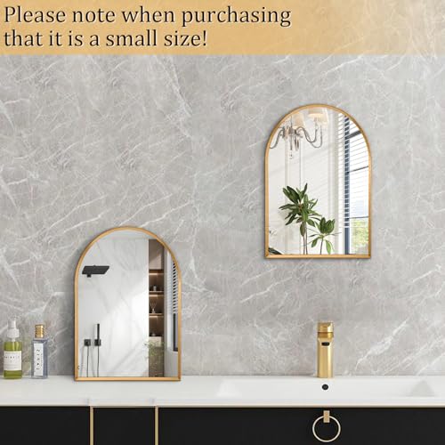 Image of Gold Arched Mirror, Modern Bathroom Wall Mirror Aluminum Alloy Framed Mirror Brushed Metal Vanity Wall Mounted Mirrors for Livingroom Bedroom Entryway Room 16 inchx12 inch